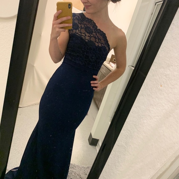 Navy Lace One Shoulder Maxi Dress - Picture 2 of 2